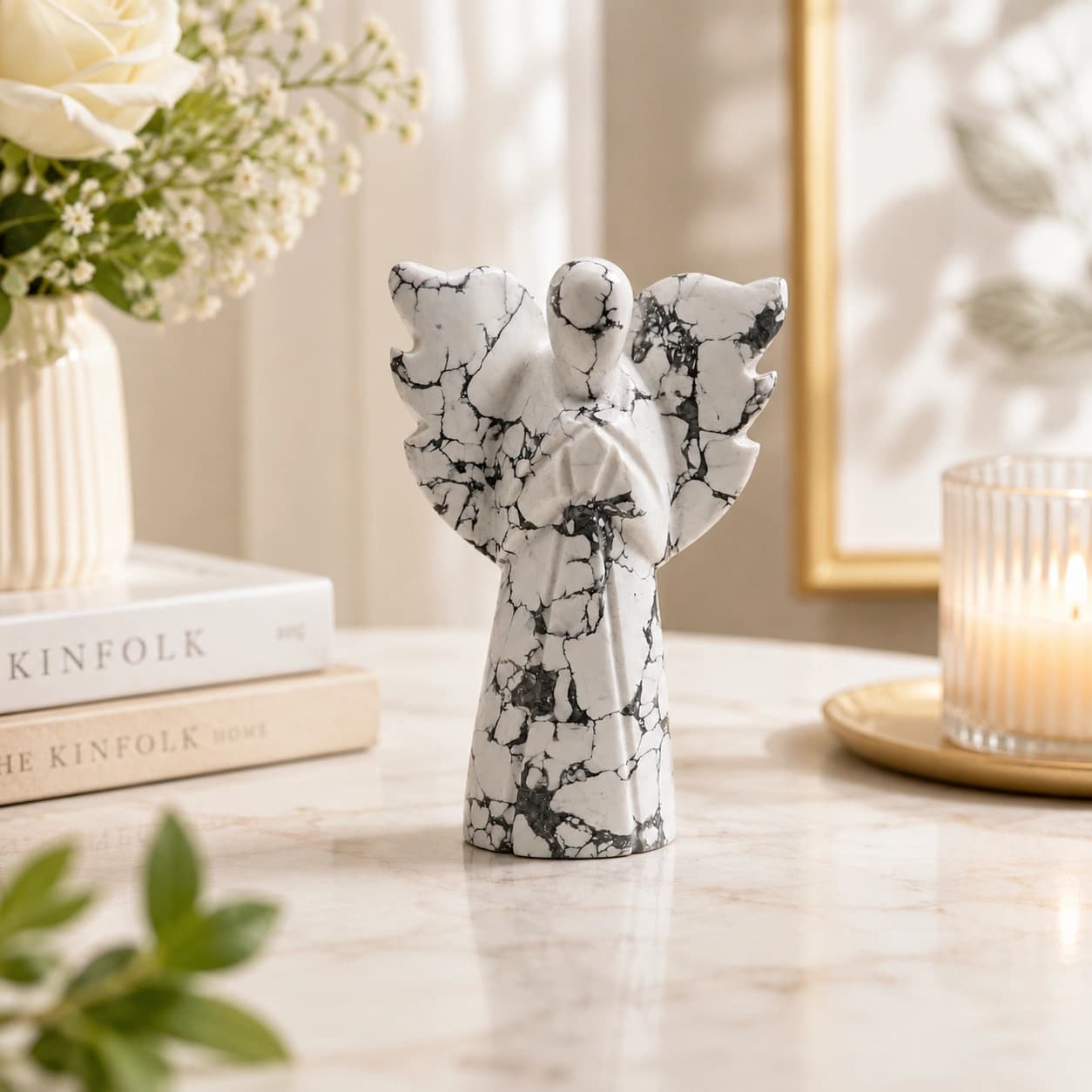 Howlite Angel – Handcrafted Natural Howlite Crystal Angel Figurine | Spiritual Decor & Healing Stone Gift