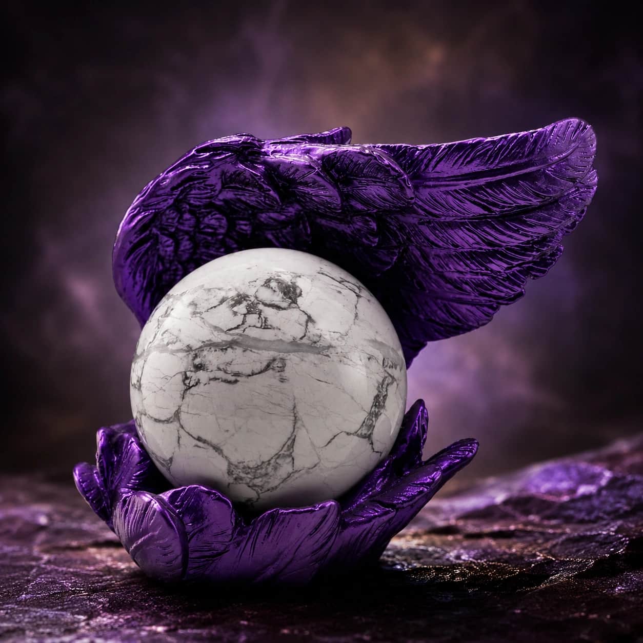 Howlite Elegant Sphere Decor with Purple Wing Holder 1