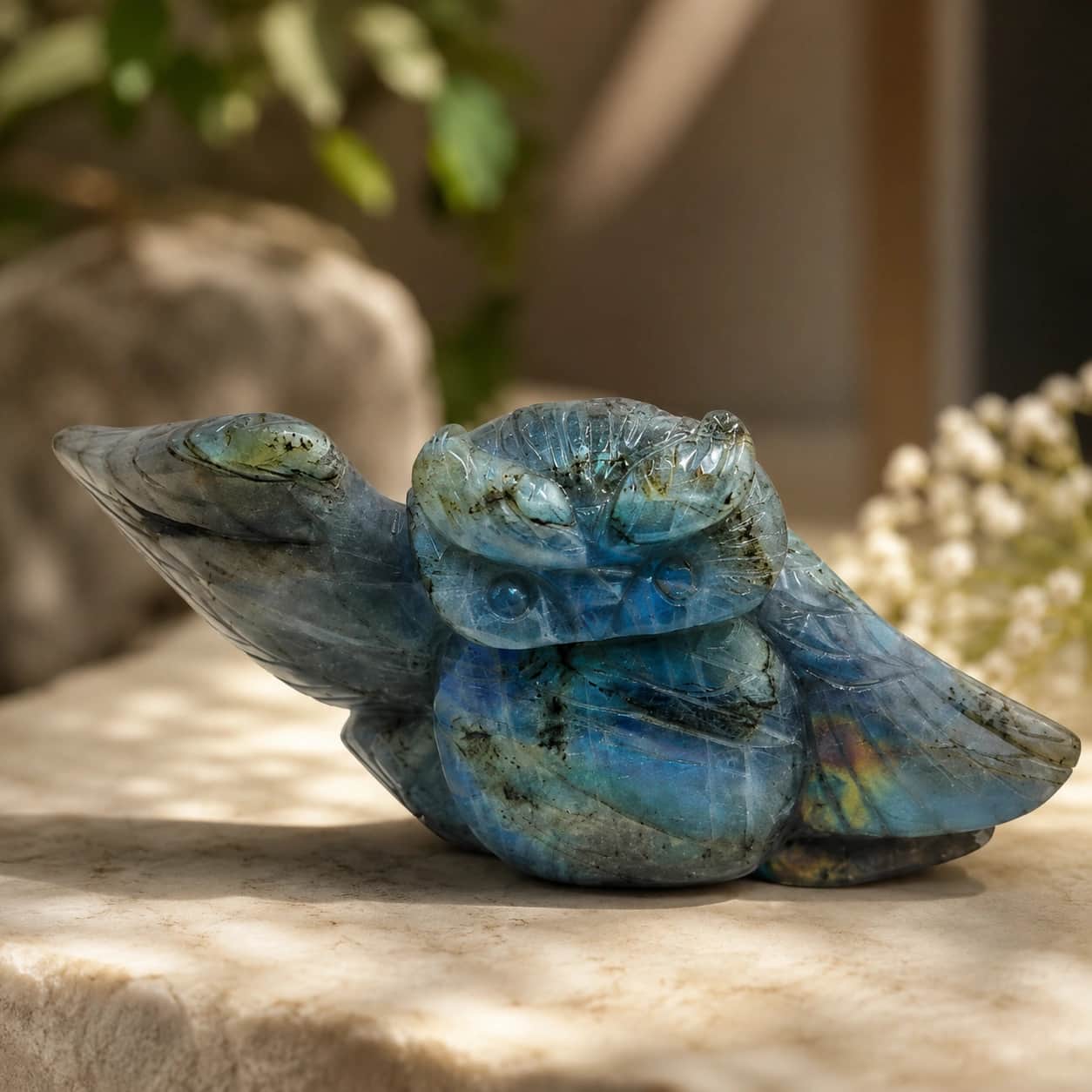 Labradorite Owl Figurine Hand-Carved Natural Stone Décor 1