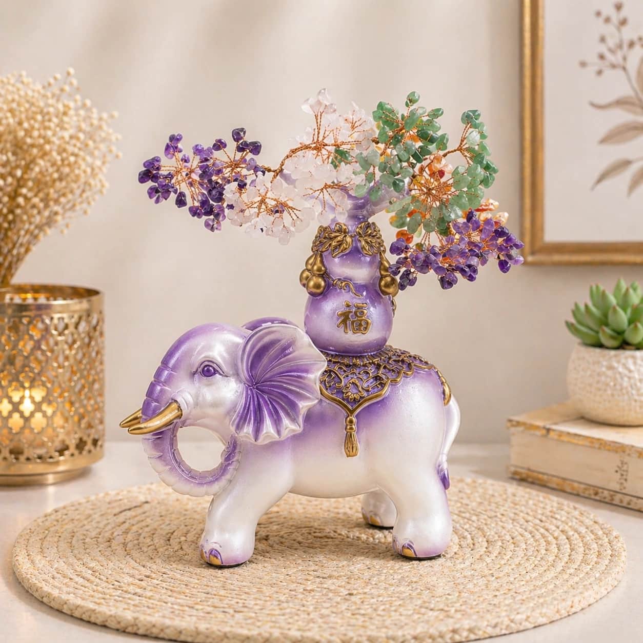 Lavender Purple Feng Shui Elephant (Trunk-Up) with Multi-Stone Crystal Tree & Fortune (Fu) Bag – Handcrafted Decorative Showpiece for Good Luck, Prosperity & Spiritual Energy 1