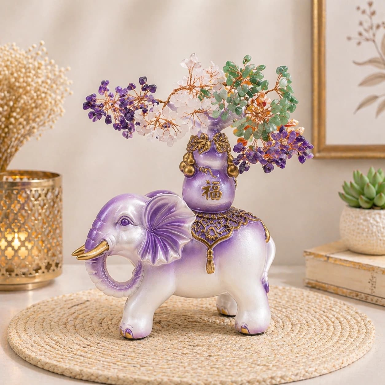 Lavender Purple Feng Shui Elephant (Trunk-Up) with Multi-Stone Crystal Tree & Fortune (Fu) Bag – Handcrafted Decorative Showpiece for Good Luck, Prosperity & Spiritual Energy