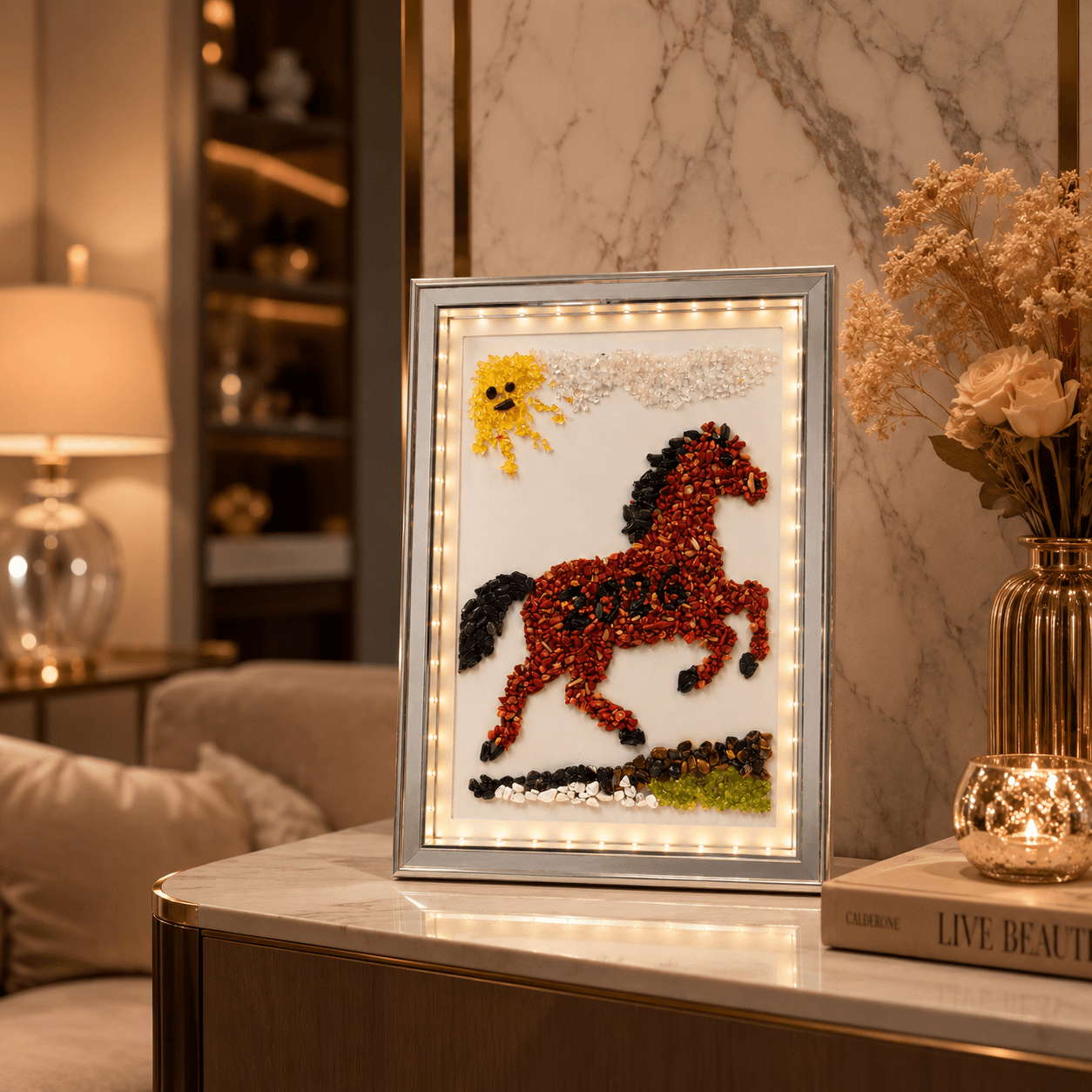 LED Gemstone Frame Art – Handcrafted Illuminated Natural Stone Wall & Table Décor
