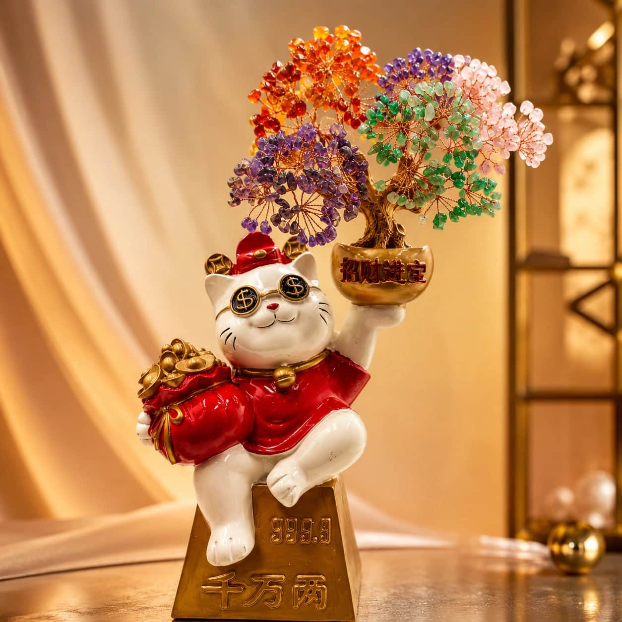 Lucky Cat Crystal Tree | Multicolor Gemstone Money Cat Figurine with Prosperity Tree 1