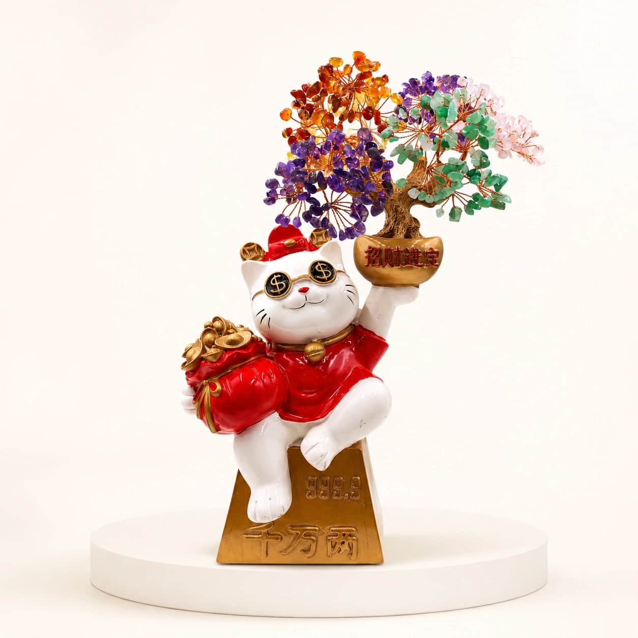 Lucky Cat Crystal Tree | Multicolor Gemstone Money Cat Figurine with Prosperity Tree 2