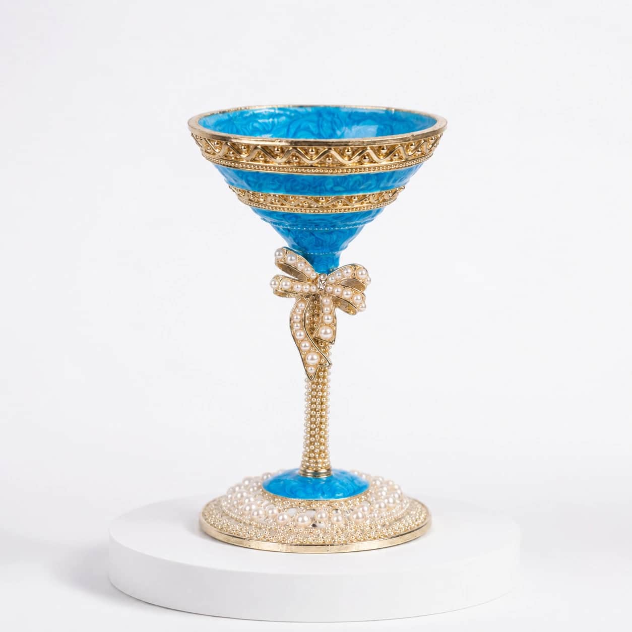 Luxury Blue Decorative Goblet Bowl with Pearl Bow Accent 2