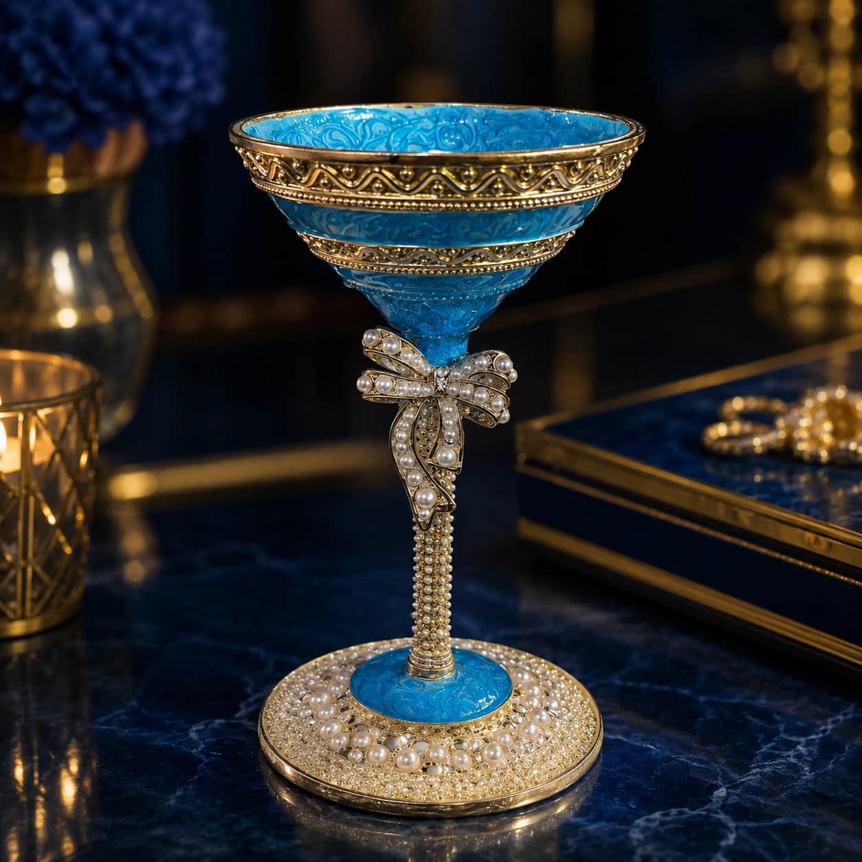 Luxury Blue Decorative Goblet Bowl with Pearl Bow Accent 1