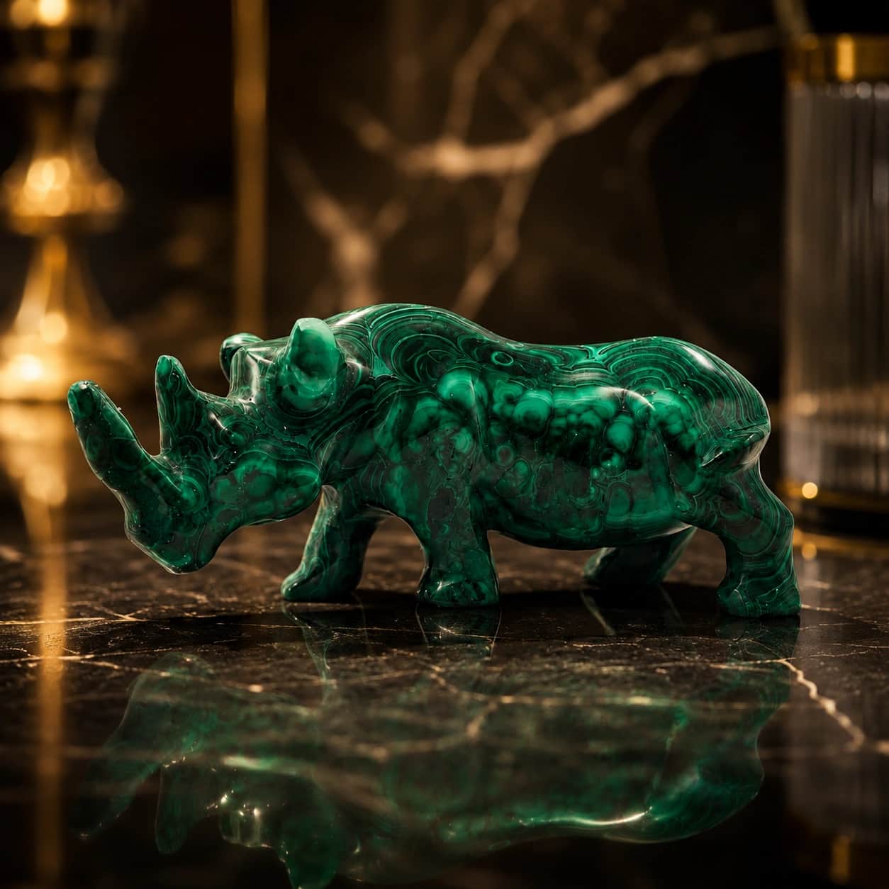 Malachite Rhino Figurine | Hand-Carved Polished Decorative Stone Animal Sculpture | Luxury Green Stone Home Decor Gift 1