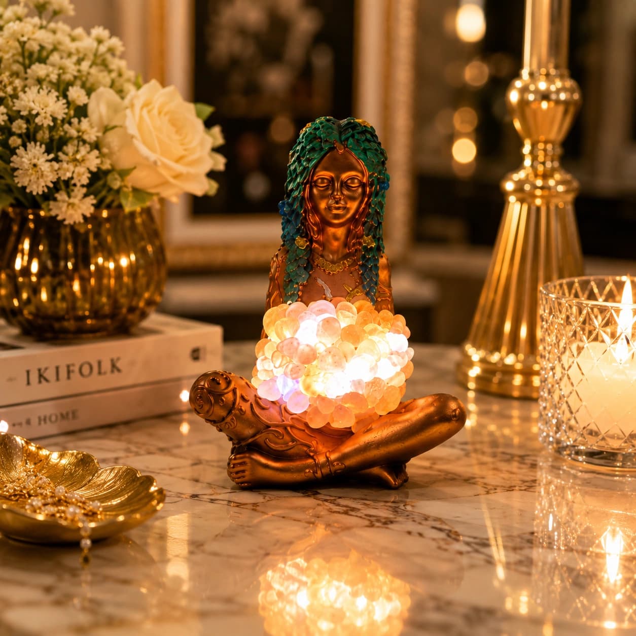 Meditating Goddess LED Crystal Rose Quartz — Small | Antique Bronze Polyresin with Natural Crystal Orb & Built-in USB LED | Spiritual Home Décor & Gift