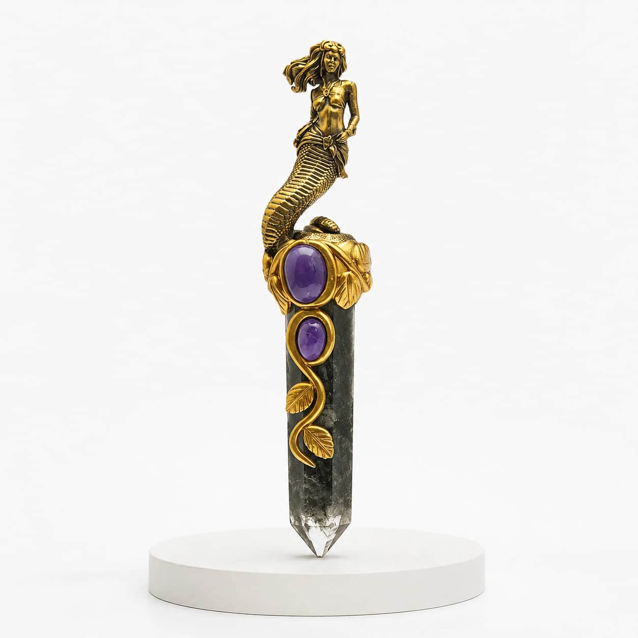 Mermaid Crystal Decor Wand – Clear Quartz Point with Gold-Tone Mermaid Figurine & Amethyst Accents 2