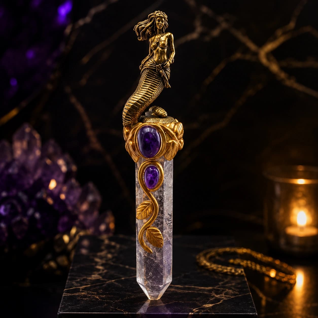 Mermaid Crystal Decor Wand – Clear Quartz Point with Gold-Tone Mermaid Figurine & Amethyst Accents
