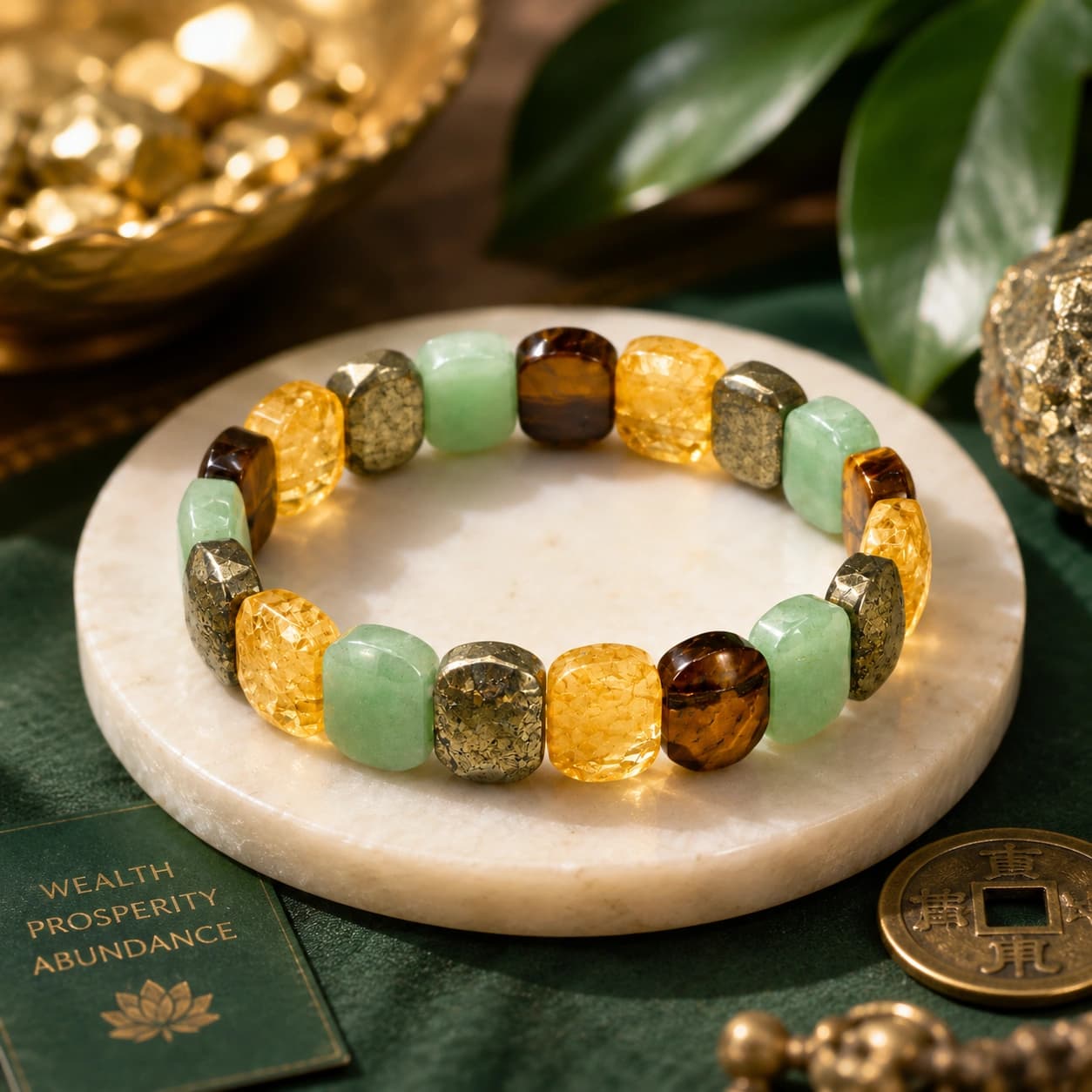'Money Magnet' Wealth Bracelet - 4-Stone Combination of Natural Pyrite, Citrine, Green Aventurine & Tiger Eye for Wealth, Prosperity, Confidence, Good Luck & Abundance | Premium Feng Shui & Vastu Stretch Bracelet | Unisex | 16 Beads