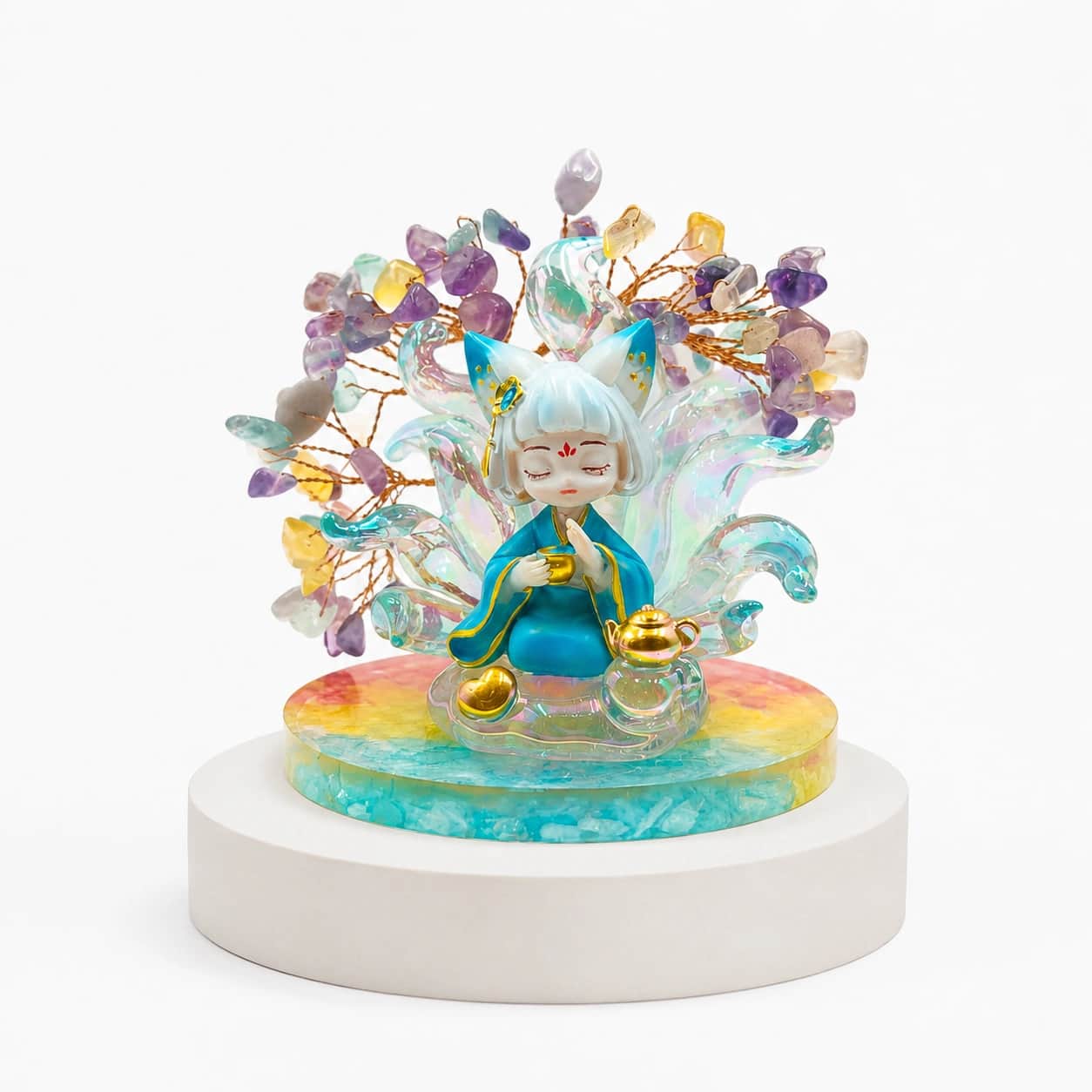 Mystic Fox Spirit Crystal Figurine with Amethyst & Citrine Gemstone Wish Tree | Luxury Iridescent Decor 2
