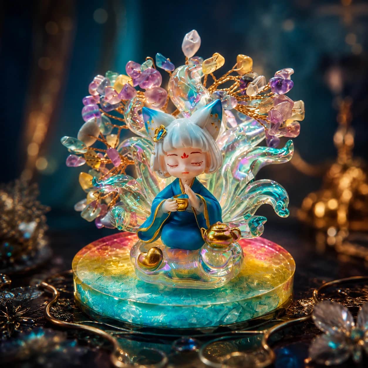 Mystic Fox Spirit Crystal Figurine with Amethyst & Citrine Gemstone Wish Tree | Luxury Iridescent Decor 1