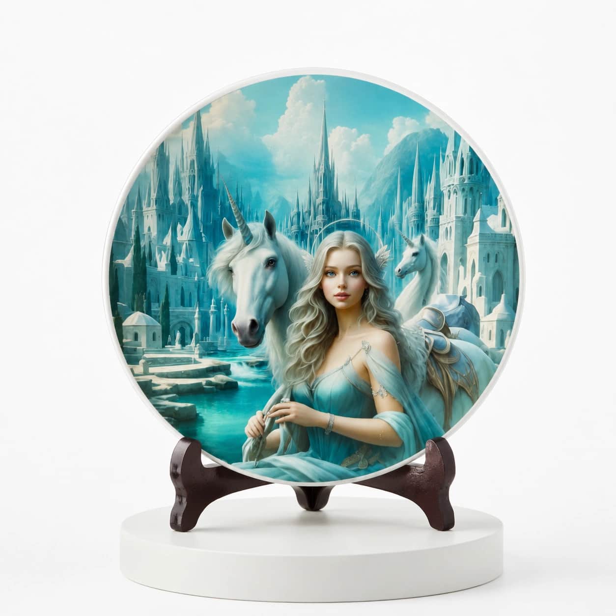 Mystic Unicorn Princess Decorative Plate – Premium Fantasy Art Display Plate with Wooden Stand 2