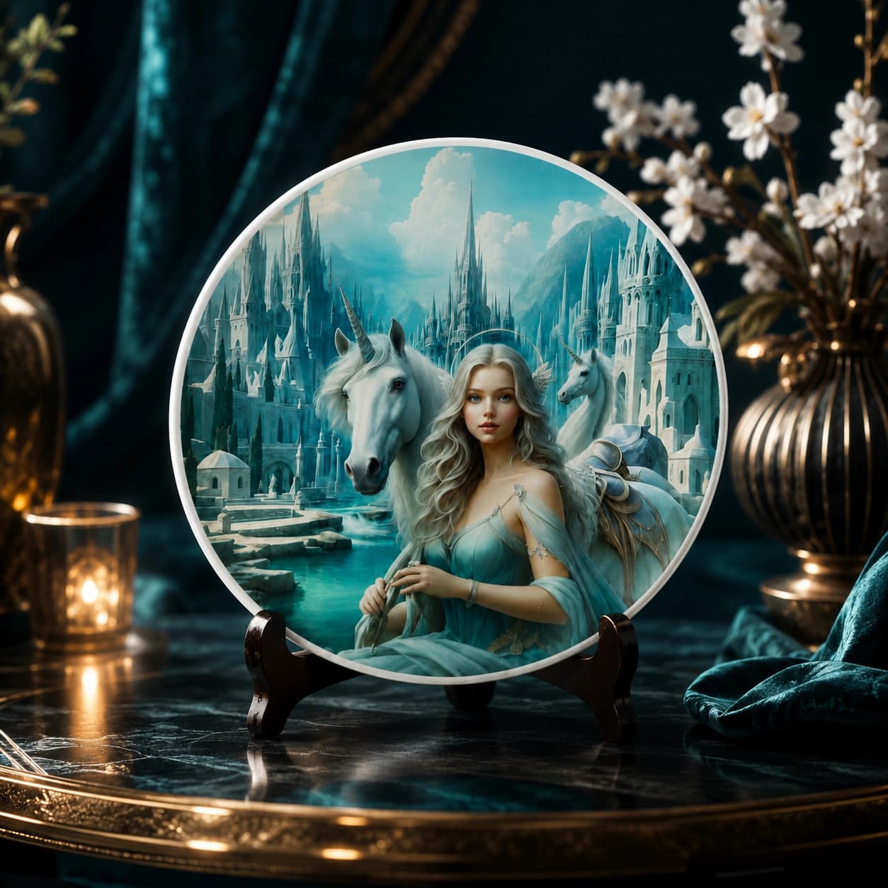 Mystic Unicorn Princess Decorative Plate – Premium Fantasy Art Display Plate with Wooden Stand