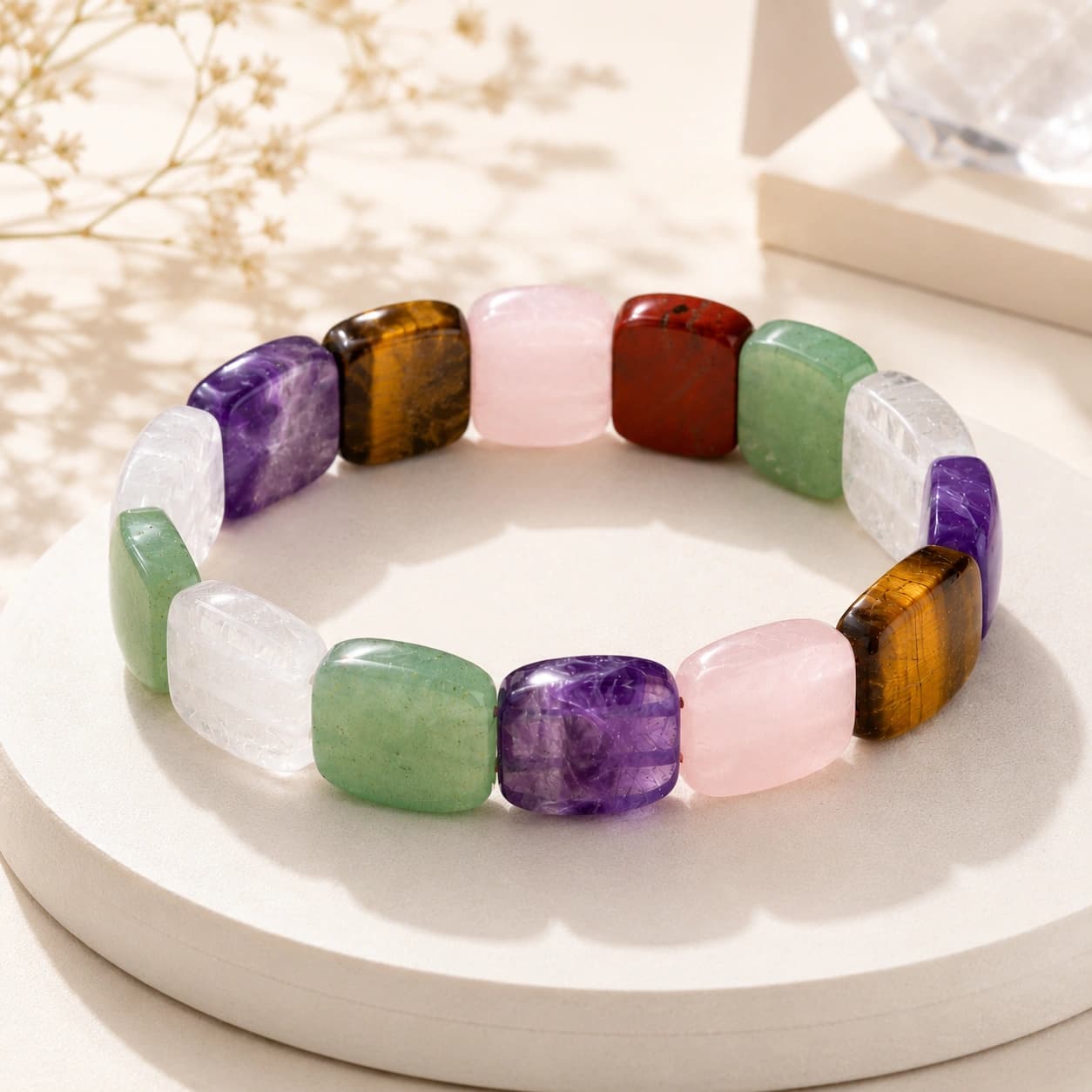 Natural 6-Stone Multi Stone Bracelet – Chunky Square Tile Bead Stretch Bracelet for Balance, Protection, Inner Peace & Positivity | Tiger Eye, Rose Quartz, Red Jasper, Fluorite, Clear Crystal & Amethyst | Premium Healing Crystal Jewellery