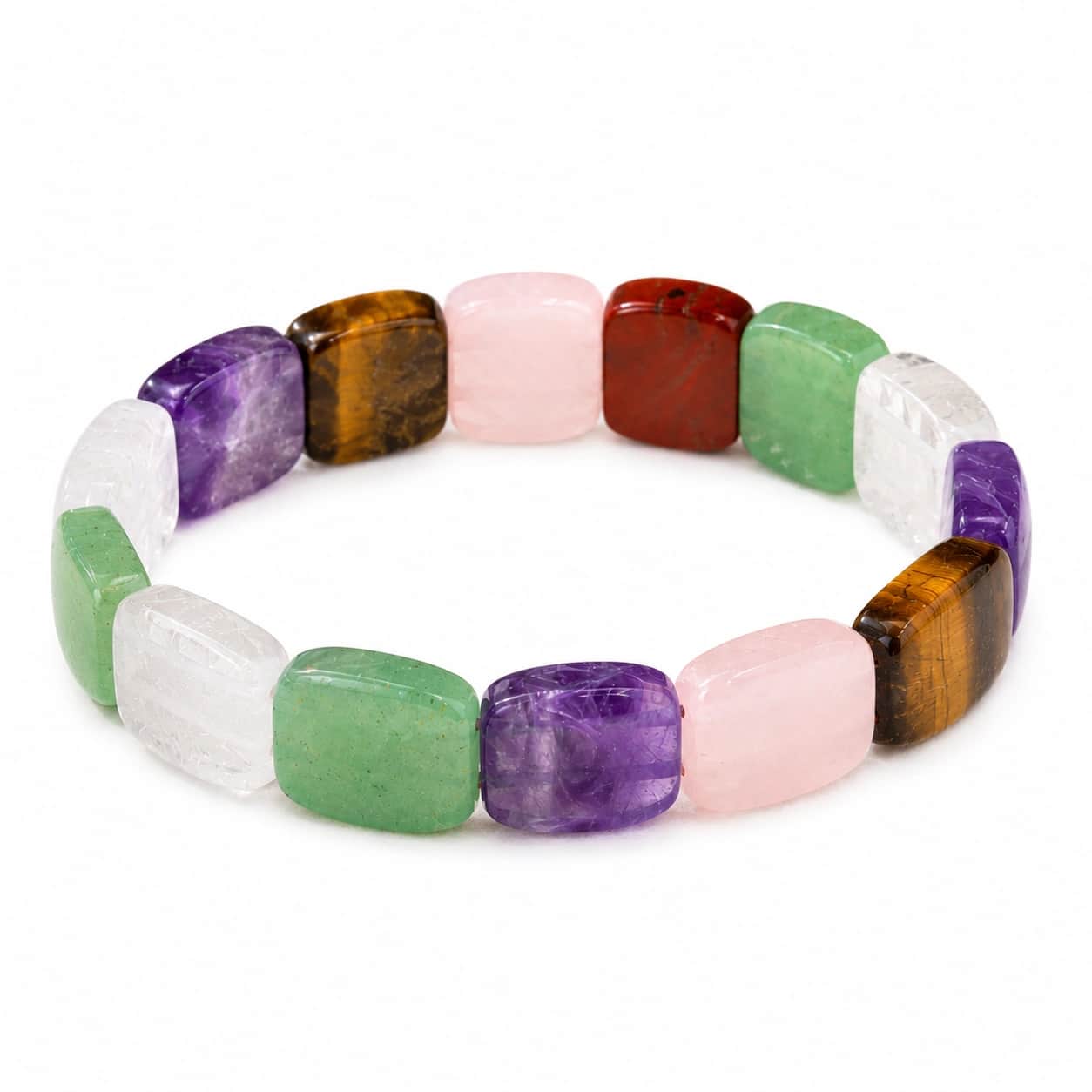 Natural 6-Stone Multi Stone Bracelet – Chunky Square Tile Bead Stretch Bracelet for Balance, Protection, Inner Peace & Positivity | Tiger Eye, Rose Quartz, Red Jasper, Fluorite, Clear Crystal & Amethyst | Premium Healing Crystal Jewellery 2