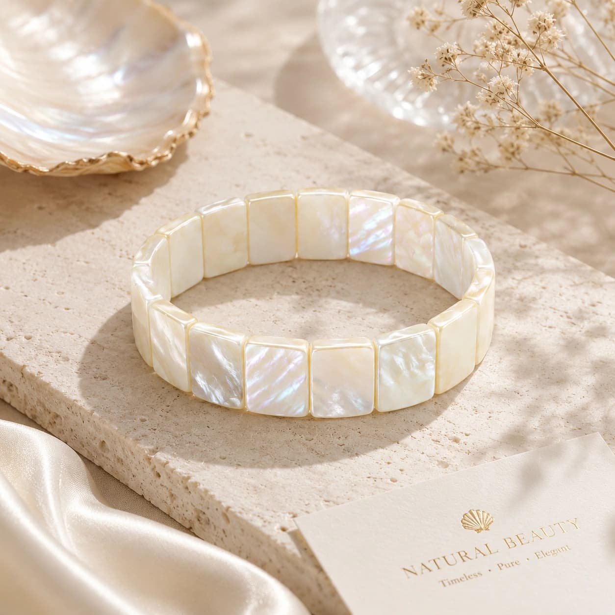 Natural Mother of Pearl Tile Bracelet — Stretch Bracelet with Rectangular MOP Shell Tiles for Grace, Intuition & Inner Harmony Elegant Everyday & Occasion Jewellery for Women | A Timeless Piece of Natural Elegance | Stone Mart