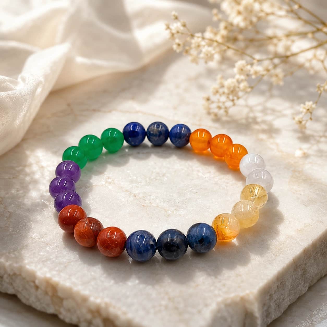 Natural 7 Chakra Gemstone Bracelet | 8 mm Beads | 23 Beads | Handmade Stretch Design 1