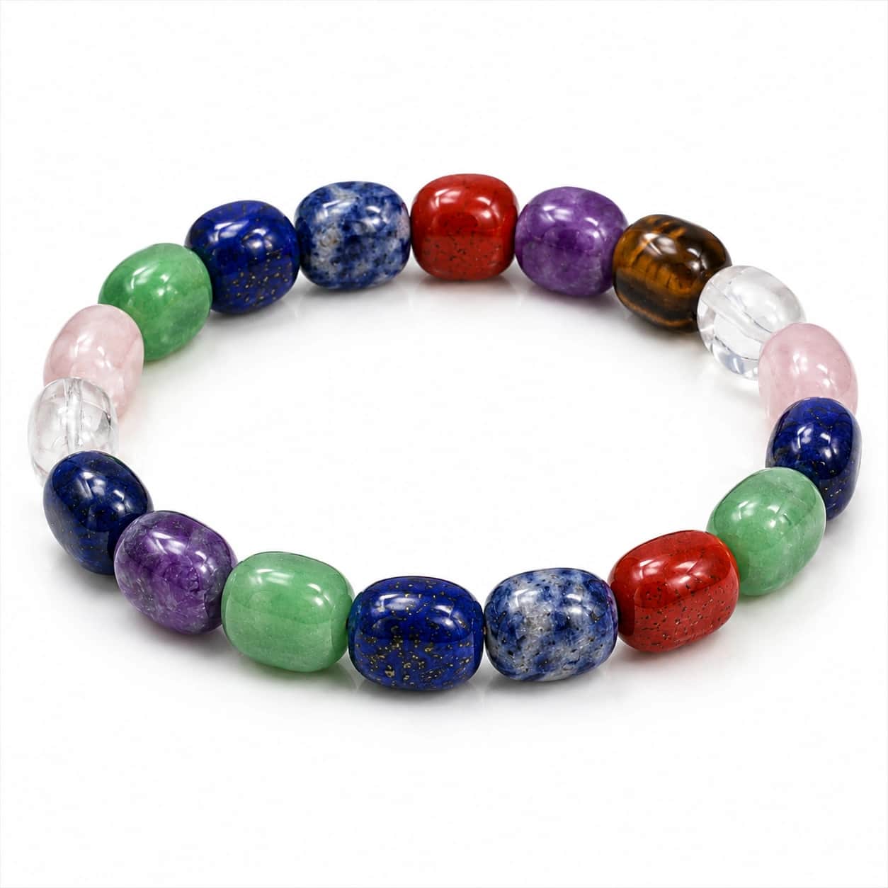 Natural 8-Stone Multi Gemstone Bracelet – 7 Chakra Barrel Bead Stretch Bracelet | Lapis Lazuli, Sodalite, Red Jasper, Amethyst, Green Aventurine, Rose Quartz, Clear Quartz & Tiger Eye | Premium Healing Crystal Jewellery 2