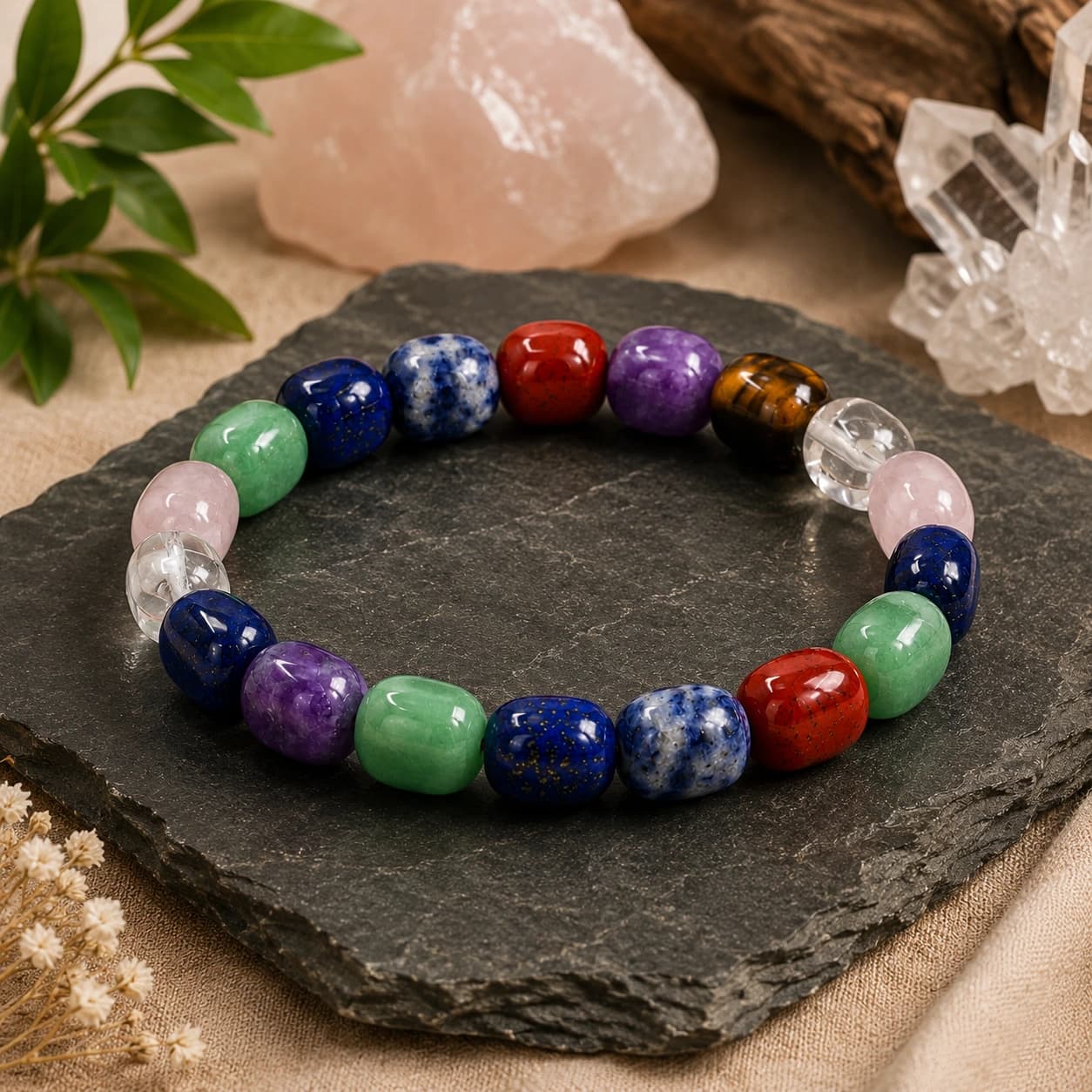 Natural 8-Stone Multi Gemstone Bracelet – 7 Chakra Barrel Bead Stretch Bracelet | Lapis Lazuli, Sodalite, Red Jasper, Amethyst, Green Aventurine, Rose Quartz, Clear Quartz & Tiger Eye | Premium Healing Crystal Jewellery