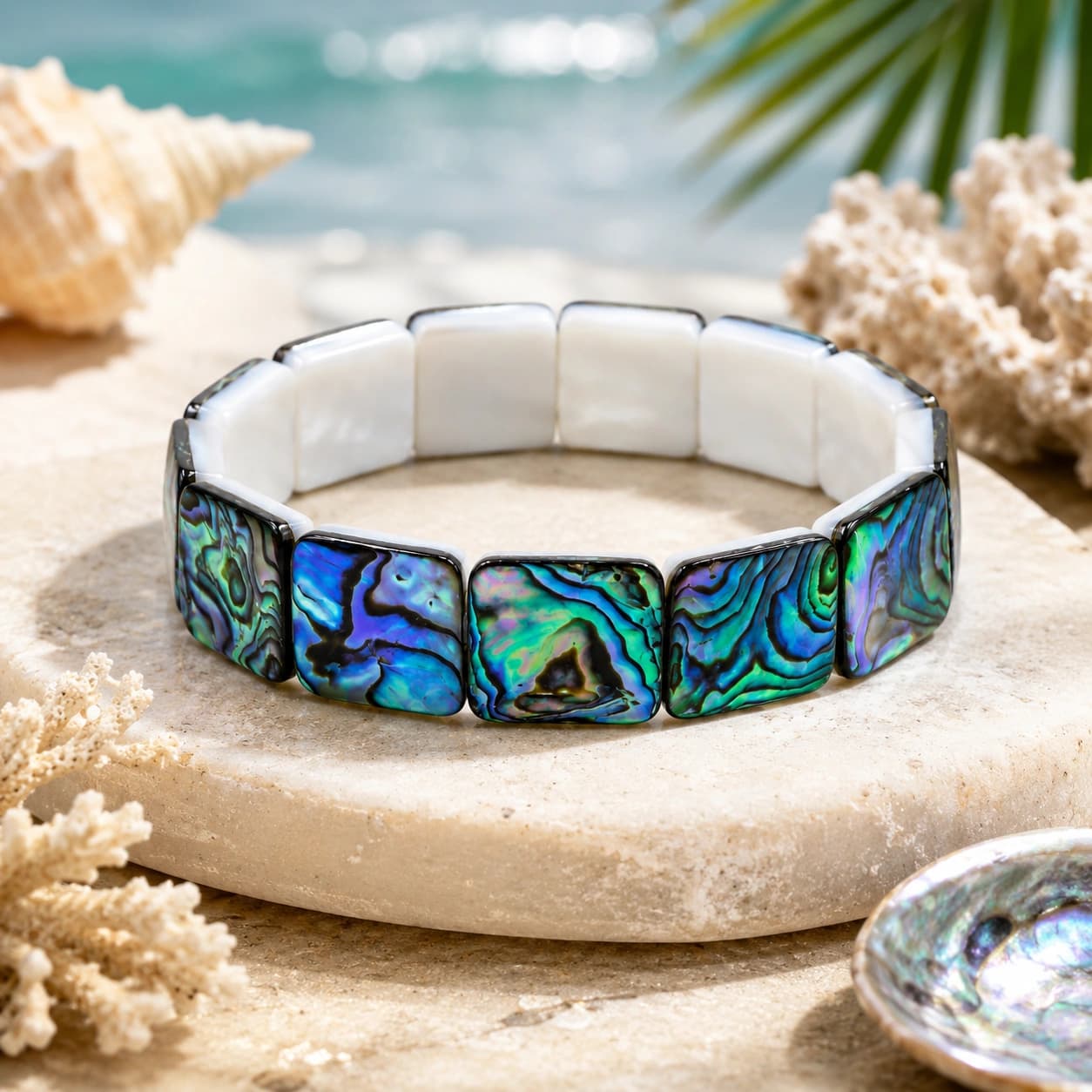Natural Abalone Shell Bracelet - Iridescent Rectangular Tile Bead Stretch Bracelet with Mother-of-Pearl Backing | Ocean-Inspired Healing Jewellery for Calm, Intuition & Emotional Balance