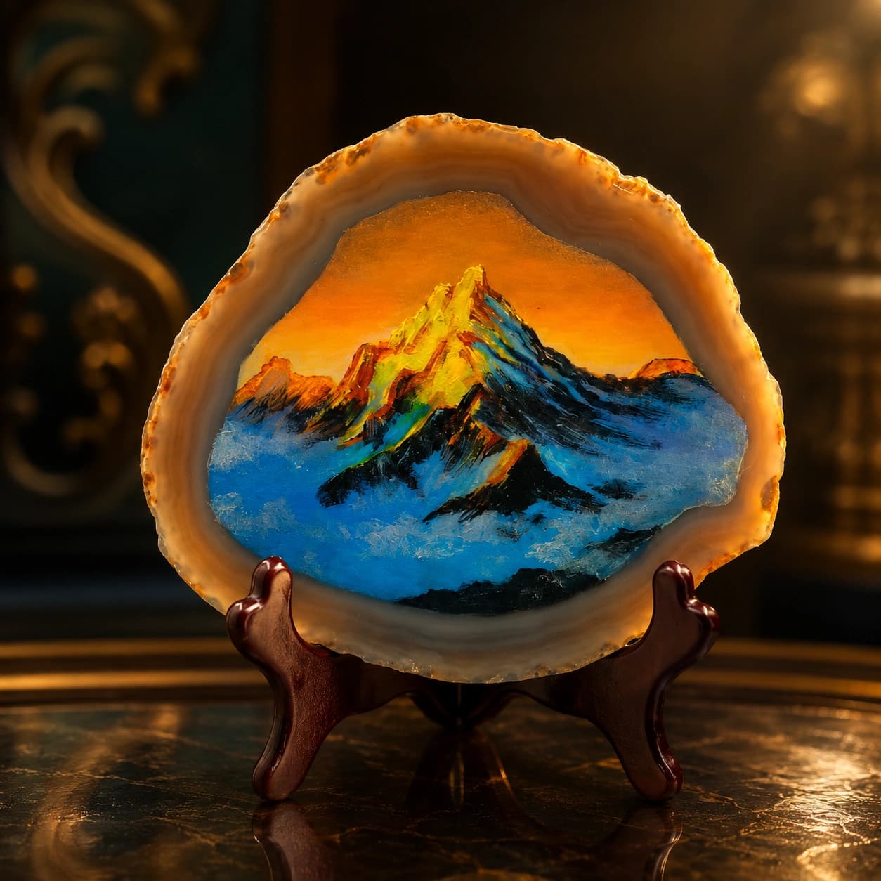 Natural Agate Mountain Art Slice with Wooden Stand | Hand-Painted Gemstone Decorative Display for Home & Office