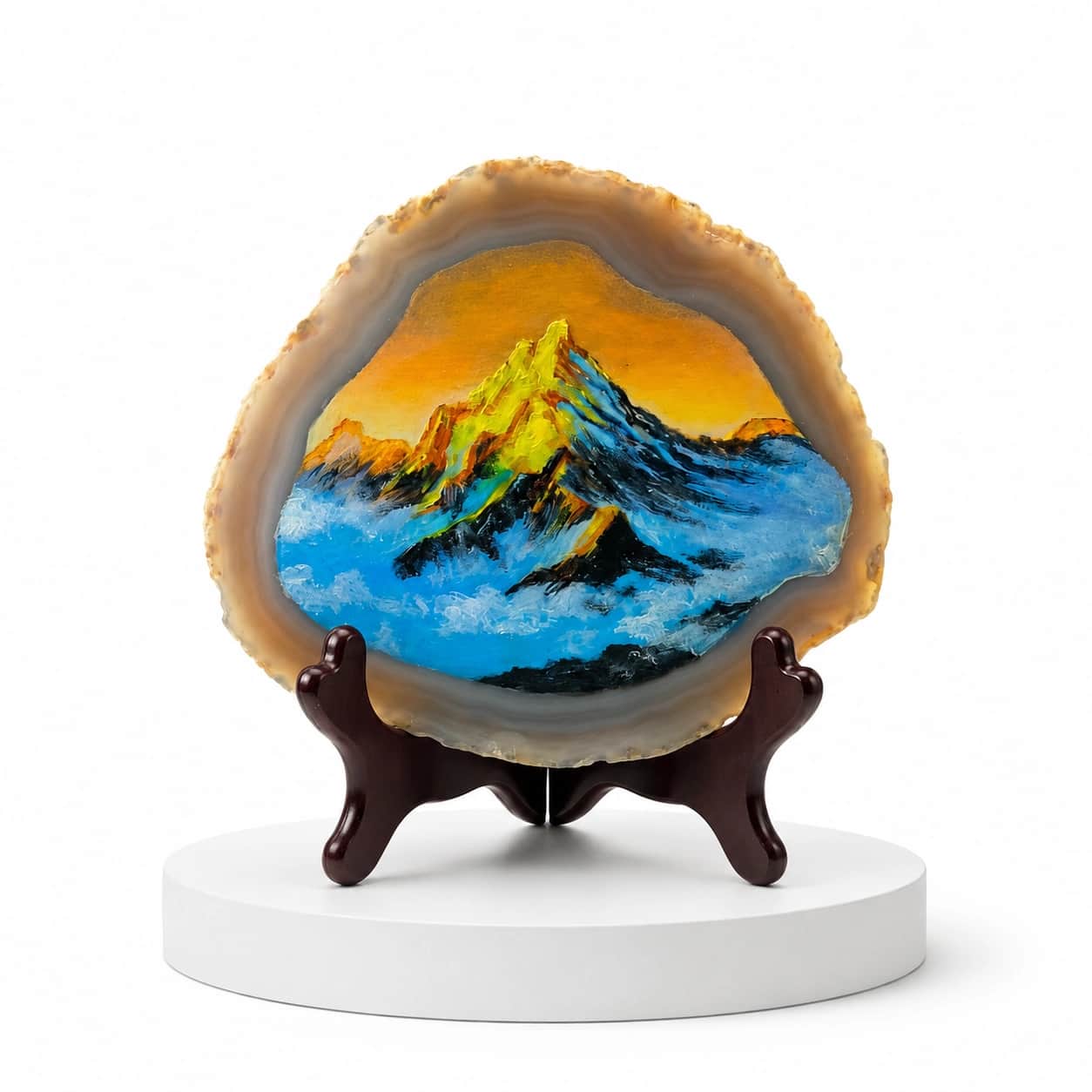 Natural Agate Mountain Art Slice with Wooden Stand | Hand-Painted Gemstone Decorative Display for Home & Office 2