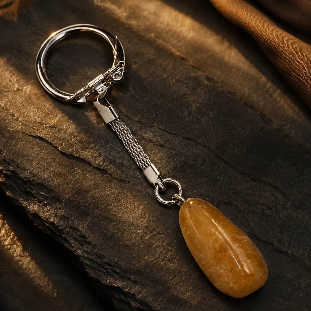 Natural Amber Polished Stone Keychain with Silver-Tone Ring | Handcrafted Luxury Accessory 1