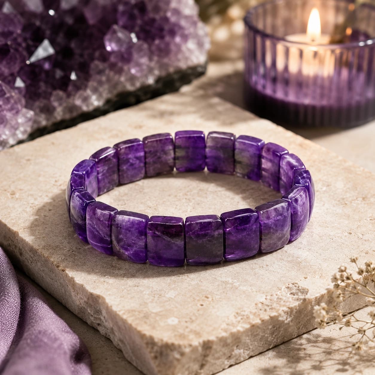 Natural Amethyst Bracelet - Tile Bead Stretch Bracelet for Calm, Clarity, Intuition & Spiritual Protection | Premium Healing Crystal Jewellery | Unisex