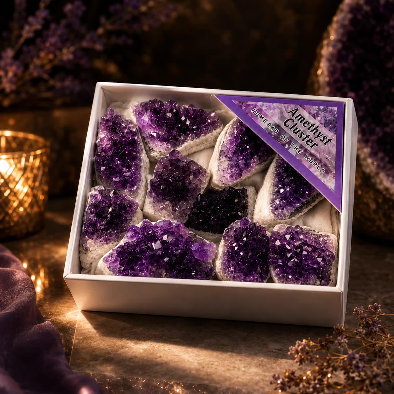 Natural Amethyst Cluster Set – 100% Natural Purple Amethyst Crystal Pieces in Gift Box