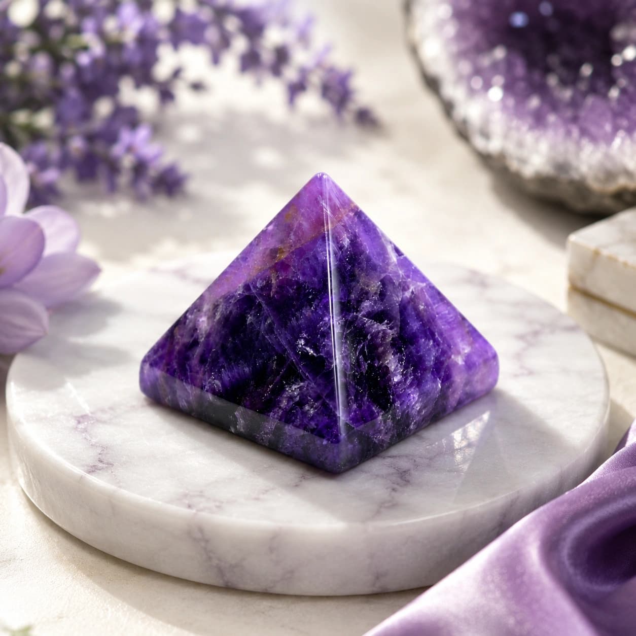 Natural Amethyst Crystal Pyramid - Hand-Polished Gemstone Pyramid for Calm, Clarity, Protection & Inner Peace | Premium Feng Shui & Vastu Decor for Home, Office & Meditation Space