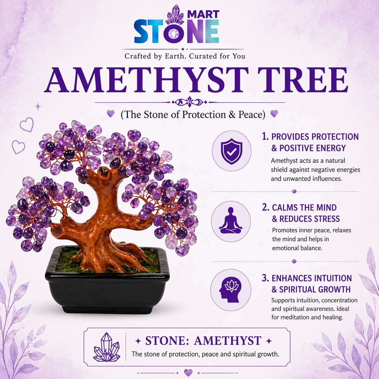 Natural Amethyst Crystal Tree – Stone of Protection & Peace | Handcrafted Feng Shui Bonsai Tree for Spiritual Growth, Calm & Meditation