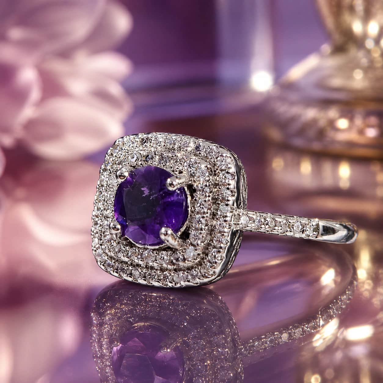 Natural Amethyst Double Halo Ring – Sterling Silver Tone Statement Ring for Women 1