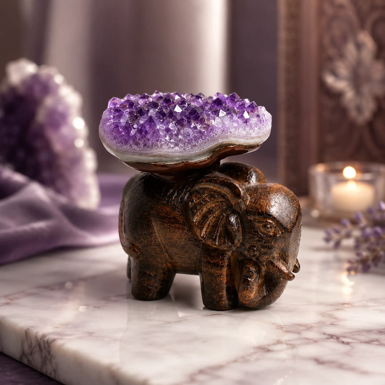 Natural Amethyst Druzy Crystal Guardian Elephant Statue — Royal Amethyst Guardian Elephant Showpiece for Protection, Wisdom, Calm & Spiritual Strength | Raw Amethyst Druzy Cluster on Hand-Carved Resin Elephant Base | Premium Vastu & Feng Shui Decor for Home, Office & Mandir