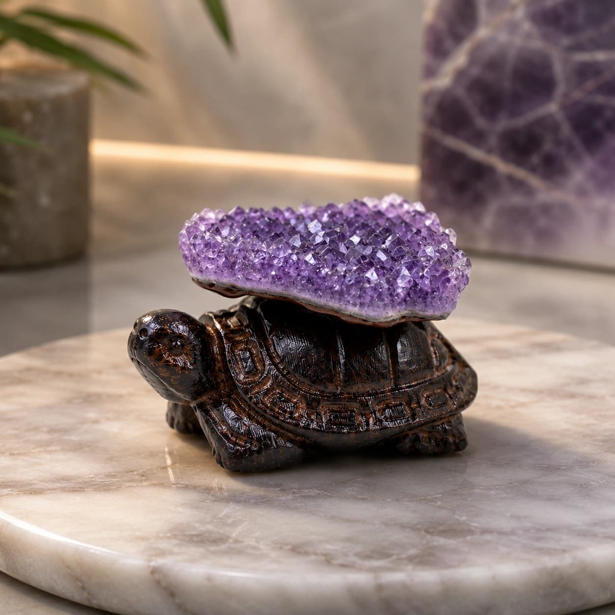 Natural Amethyst Druzy Crystal Serenity Turtle Statue — Handcrafted Crystal Turtle Showpiece for Peace, Stability, Protection & Calm | Raw Amethyst Druzy Cluster on Hand-Carved Resin Turtle Base | Premium Vastu & Feng Shui Decor for Home, Office & Mandir