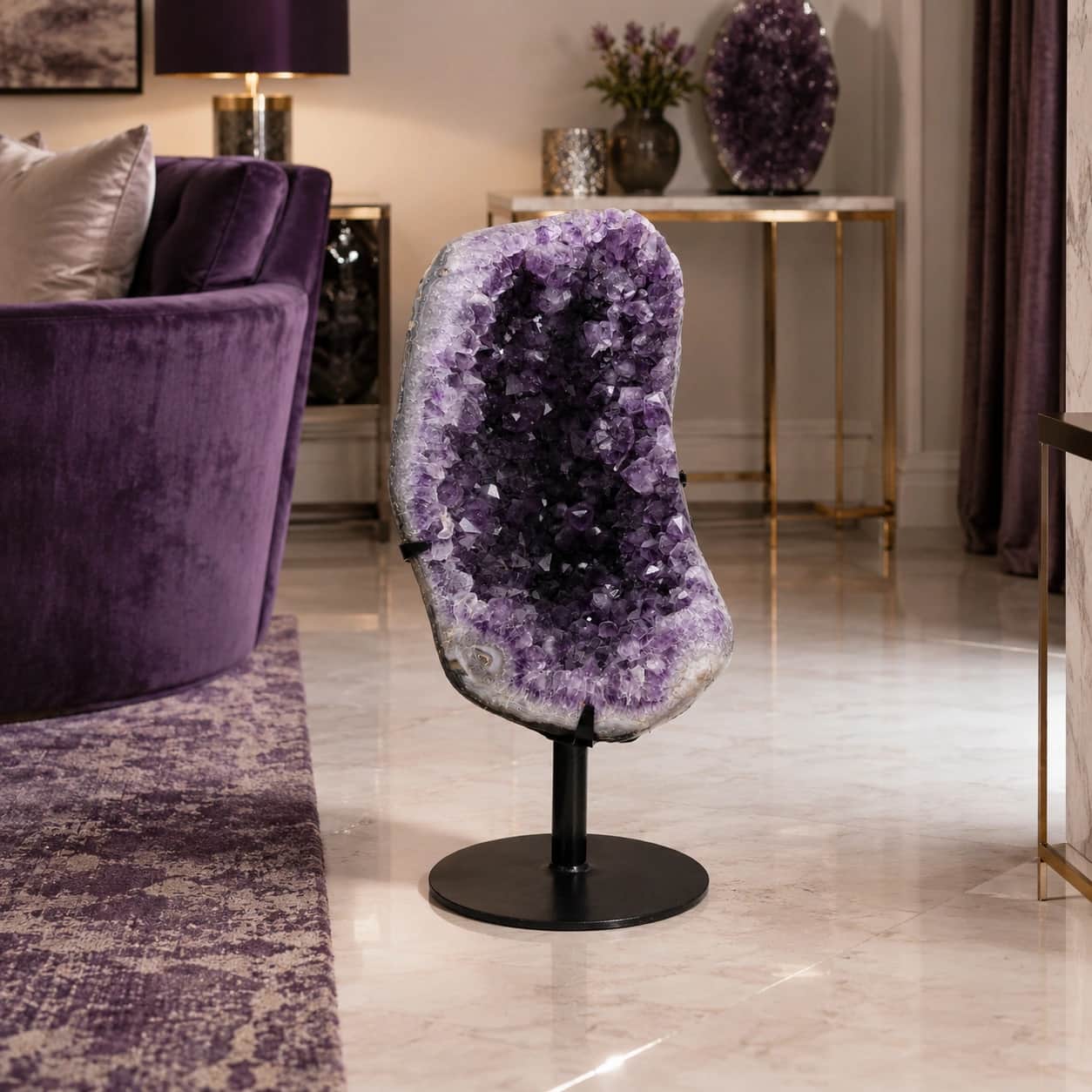 Natural Amethyst Geode Decorative Showpiece on Metal Stand 1