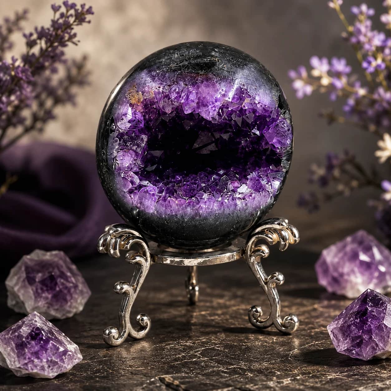 Natural Amethyst Geode Sphere with Stand - Polished Crystal Decor 1