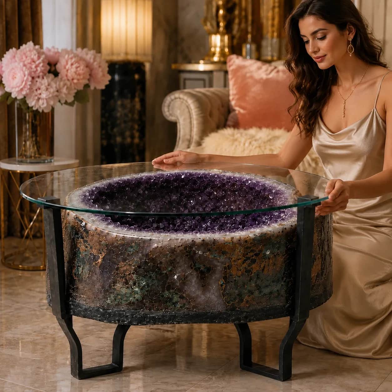 Natural Amethyst Geode Table with Glass Top & Metal Stand – Brazilian Purple Crystal Luxury Side Table 2