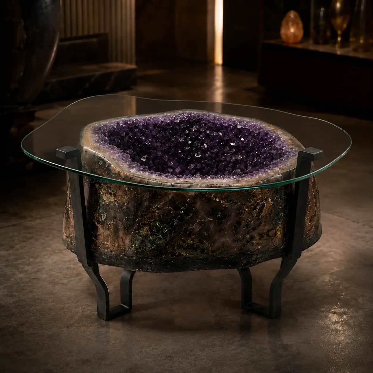 Natural Amethyst Geode Table with Glass Top & Metal Stand – Brazilian Purple Crystal Luxury Side Table 1