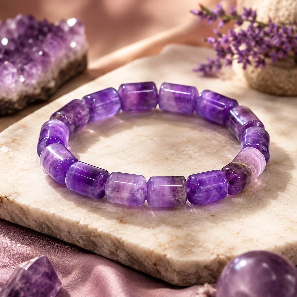 Natural Amethyst Tile Bracelet – Barrel Bead Stretch Bracelet for Calmness, Intuition, Protection & Spiritual Balance | Premium Healing Crystal Jewellery 1