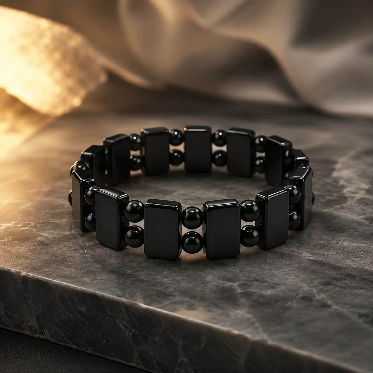 Natural Black Obsidian Rectangular Stone Bracelet | Polished Elastic Bracelet 1