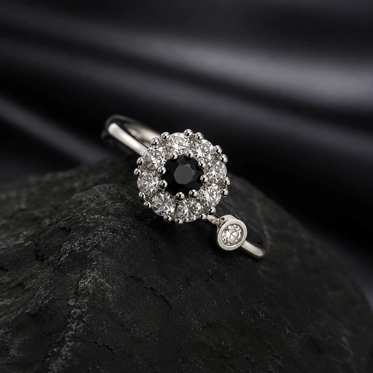 Natural Black Onyx Halo Ring – Sterling Silver Tone Adjustable Ring 1