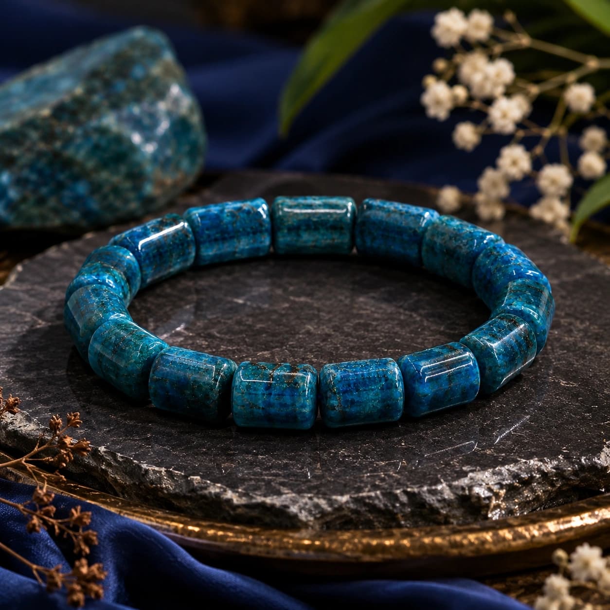 Natural Blue Apatite Bracelet - Tile Bead Stretch Bracelet for Communication, Focus, Motivation, Creativity & Emotional Balance | Premium Healing Crystal Jewellery | Unisex