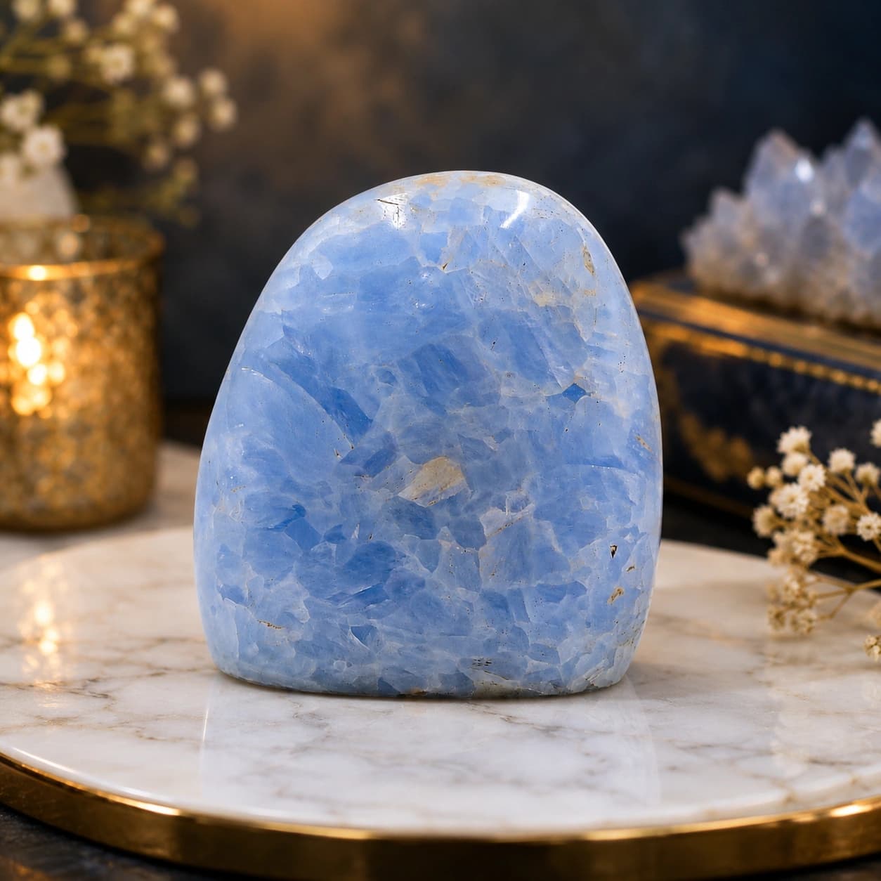 Natural Blue Calcite Free-Form Crystal - Hand-Polished Standing Display Stone for Calming Energy, Emotional Balance, Inner Peace & Stress Relief | Premium Healing Crystal Home Decor