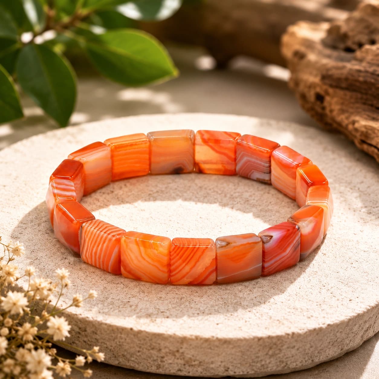 Natural Carnelian Agate Bracelet - Square Tile Bead Stretch Bracelet for Energy, Confidence, Creativity & Vitality | Premium Healing Crystal Jewellery | Unisex