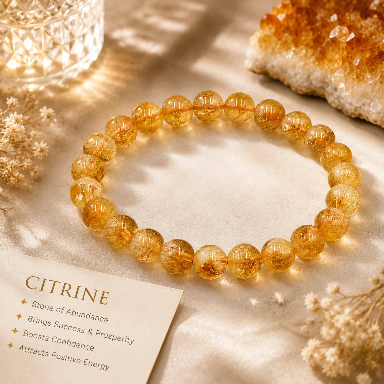 Natural Citrine Crystal Bracelet - 8mm Round Bead Stretch Bracelet for Abundance, Success, Confidence & Positive Energy | Unisex Healing Crystal Jewellery