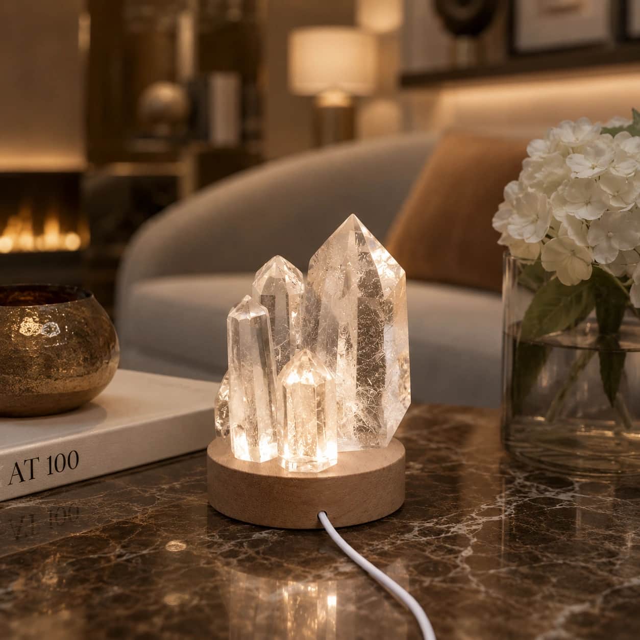 Natural Clear Quartz Crystal LED Lamp with Wooden Base | USB Powered Glowing Crystal Cluster Decor 1