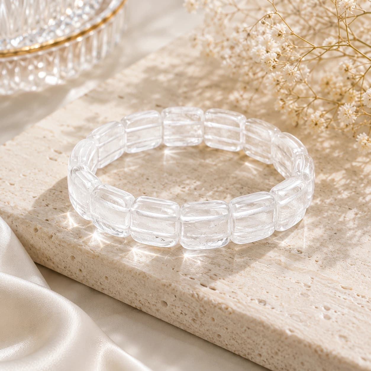 Natural Clear Quartz Crystal Tile Bracelet – Flat Rectangular Bead Stretch Bracelet for Clarity, Focus & Positive Energy | The Master Healer Crystal | Premium Natural Gemstone Jewellery