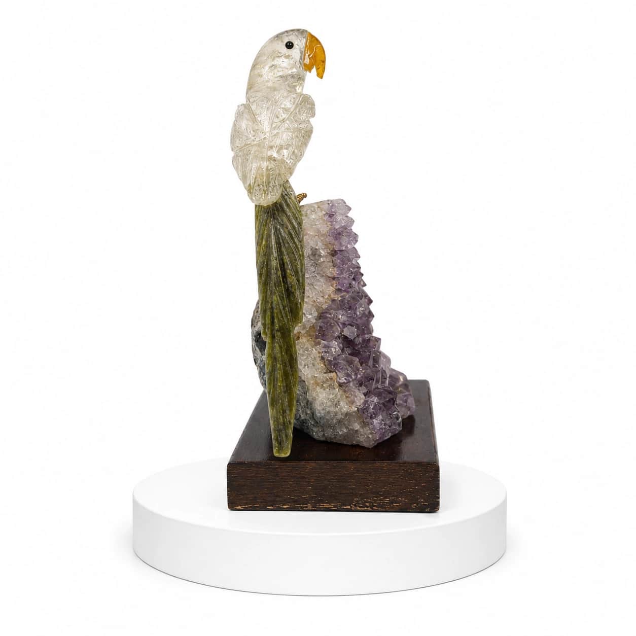 Natural Clear Quartz Parrot on Amethyst Crystal Base Hand Carved Gemstone Bird Statue 2